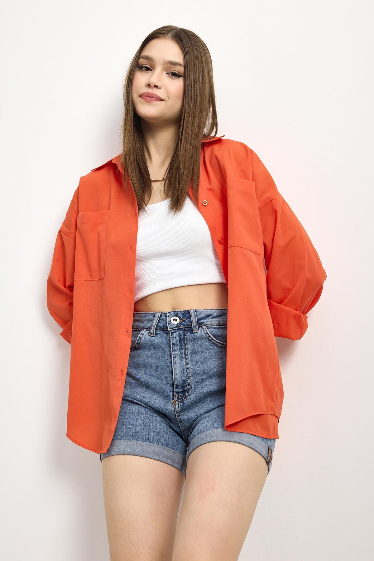 Orange Çift Cepli Oversize Uzun Basic Gömlek TCR 6256A 