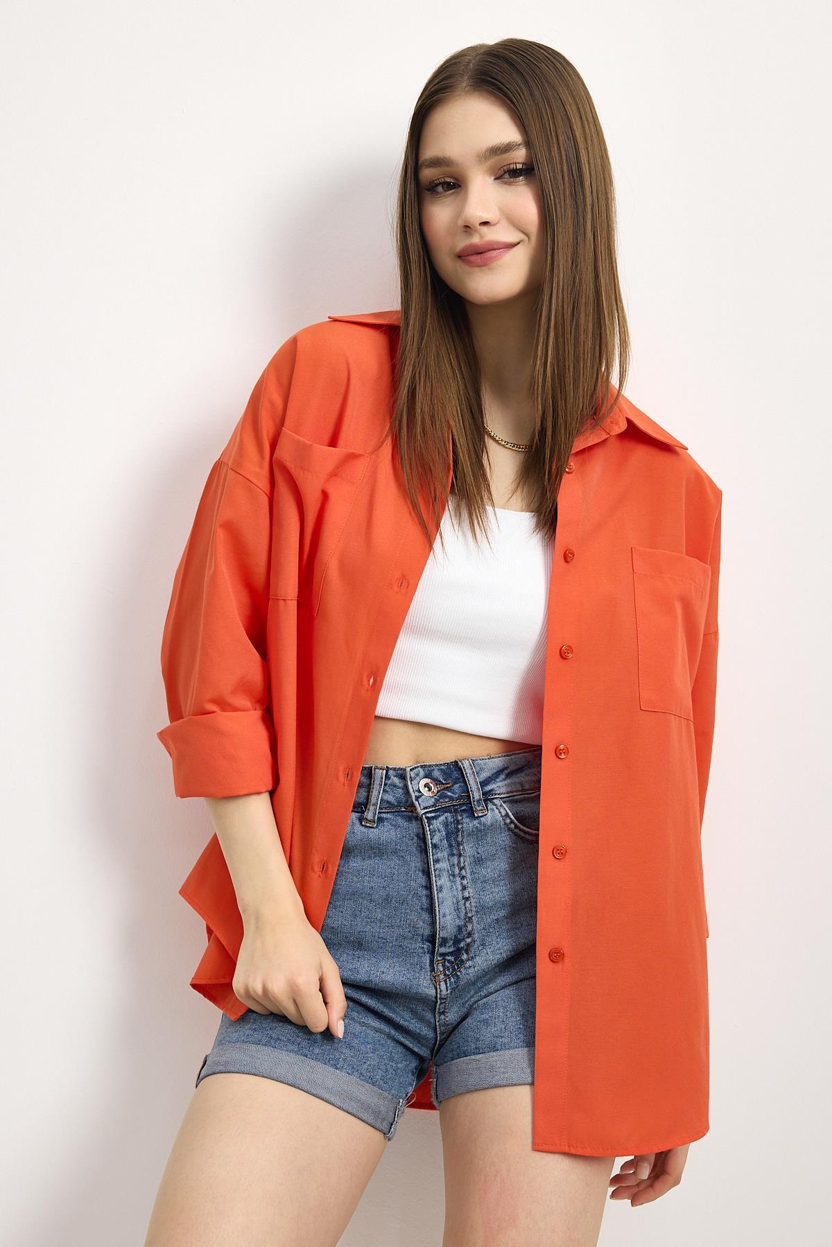 Orange Çift Cepli Oversize Uzun Basic Gömlek TCR 6256A - 2