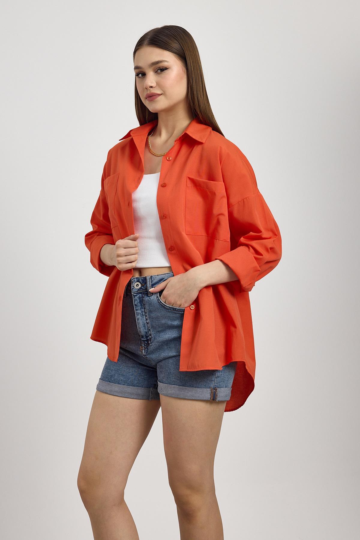 Orange Çift Cepli Oversize Uzun Basic Gömlek TCR 6256A - 6