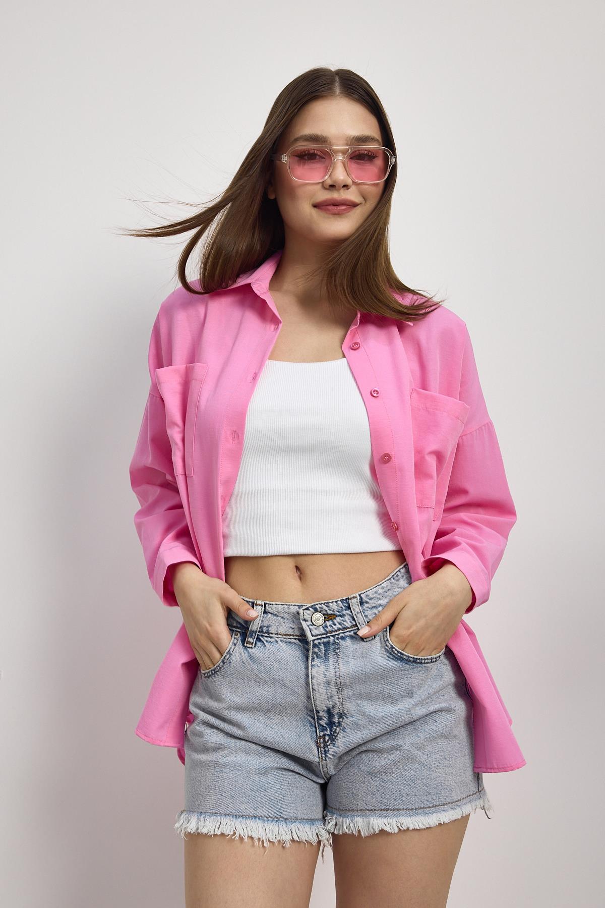 Şeker Pembe Çift Cepli Oversize Uzun Basic Gömlek TCR 6256A - 2