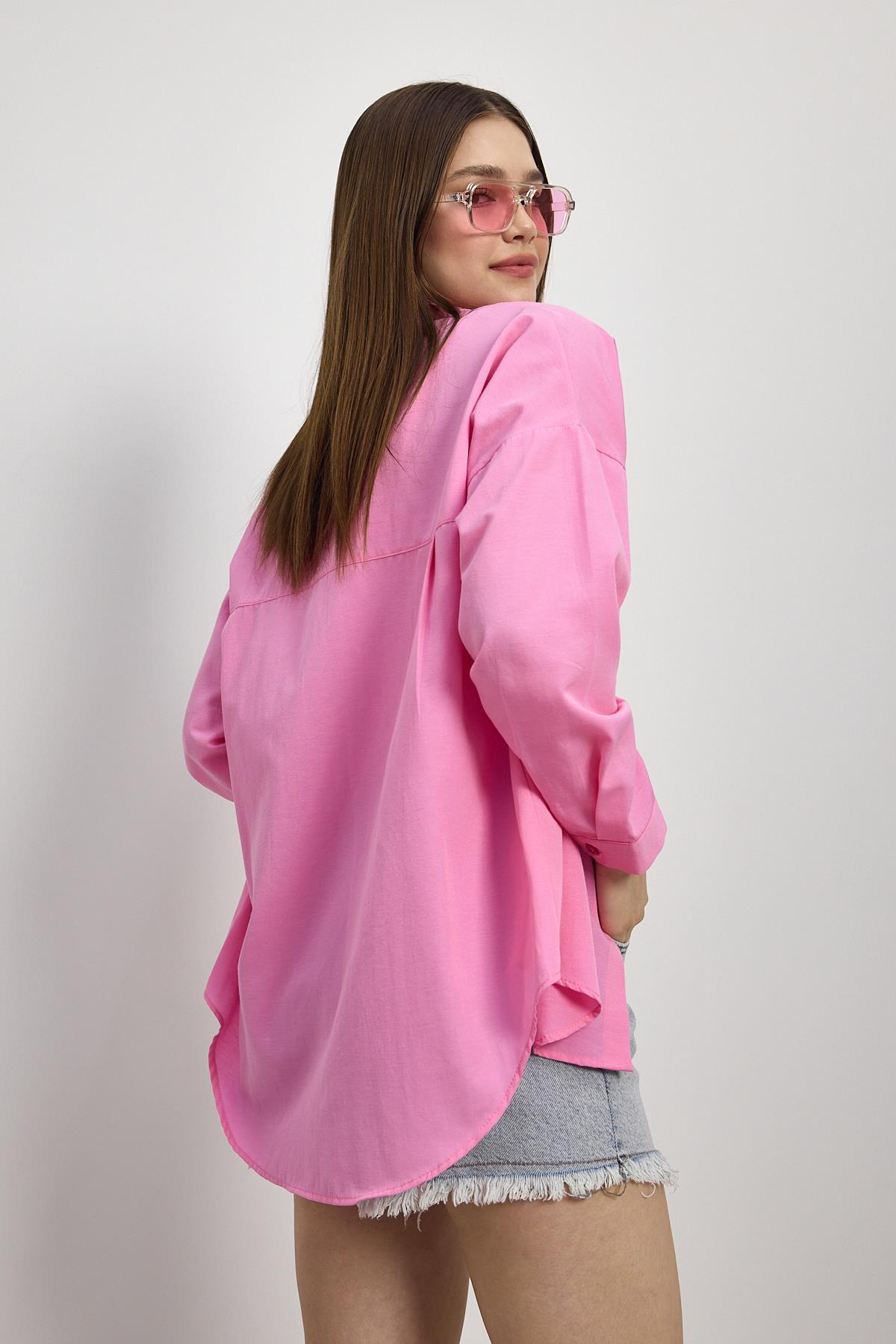 Şeker Pembe Çift Cepli Oversize Uzun Basic Gömlek TCR 6256A - 3