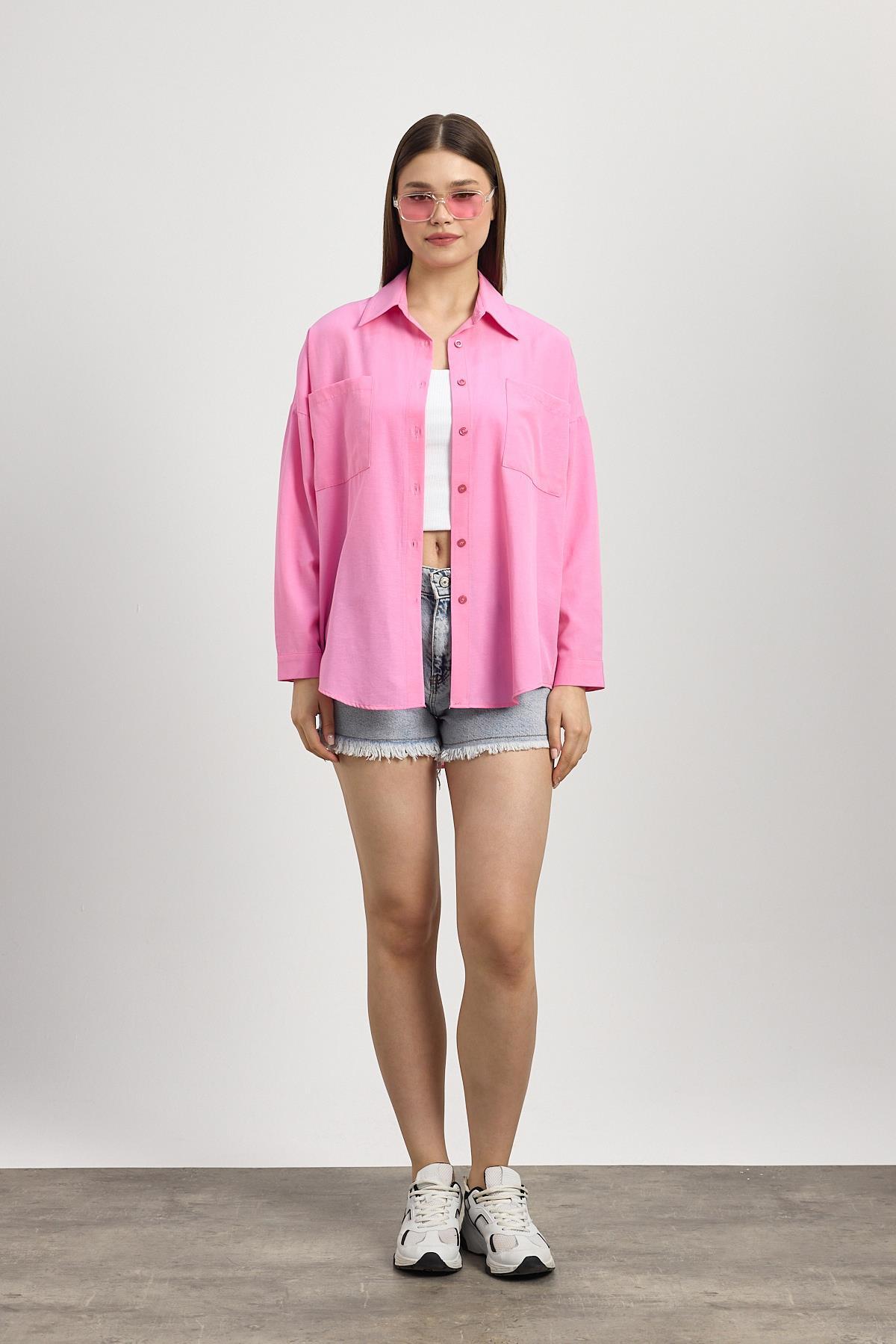 Şeker Pembe Çift Cepli Oversize Uzun Basic Gömlek TCR 6256A - 8