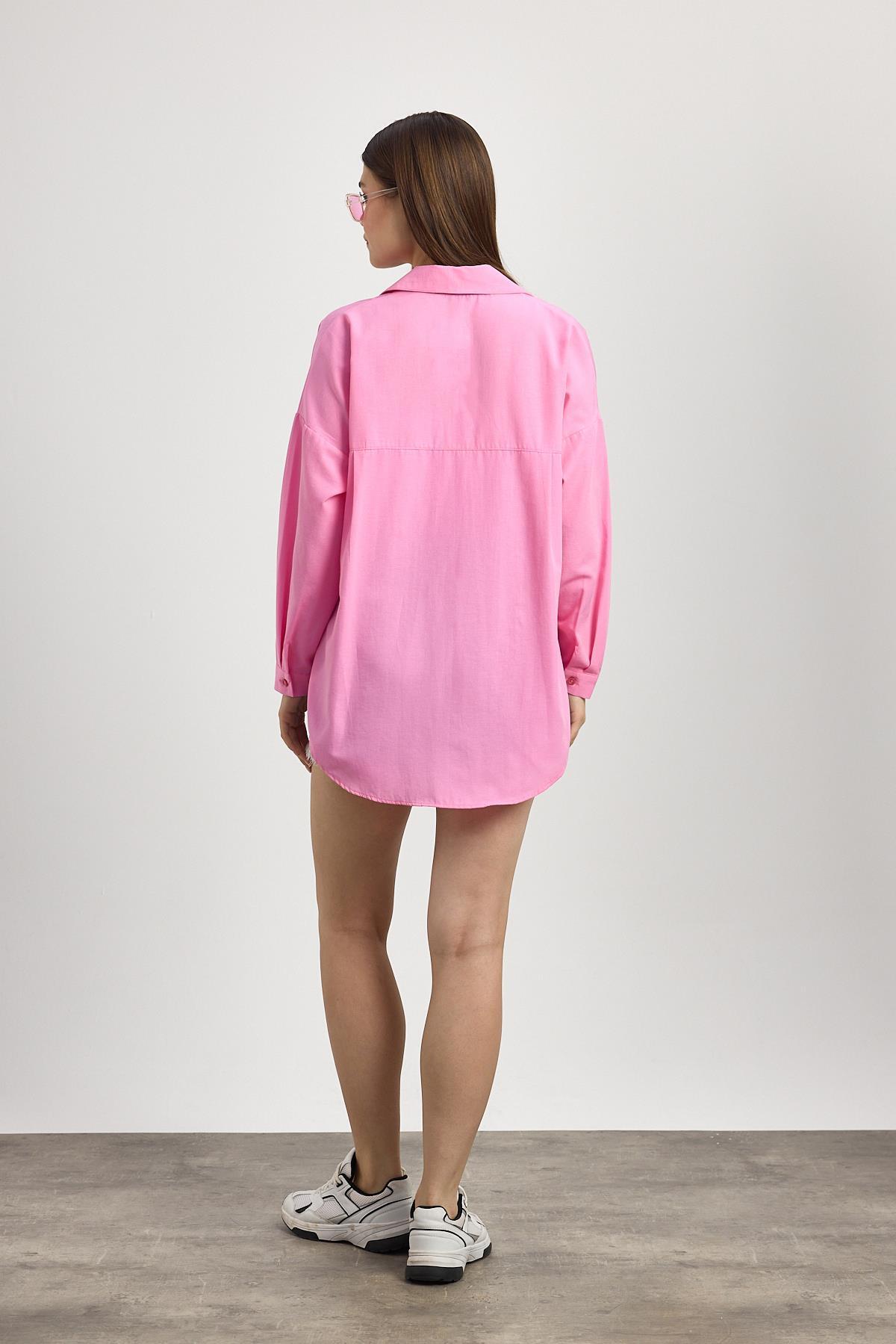 Şeker Pembe Çift Cepli Oversize Uzun Basic Gömlek TCR 6256A - 5