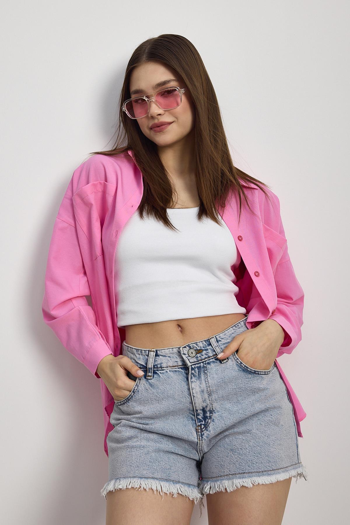 Şeker Pembe Çift Cepli Oversize Uzun Basic Gömlek TCR 6256A - 6