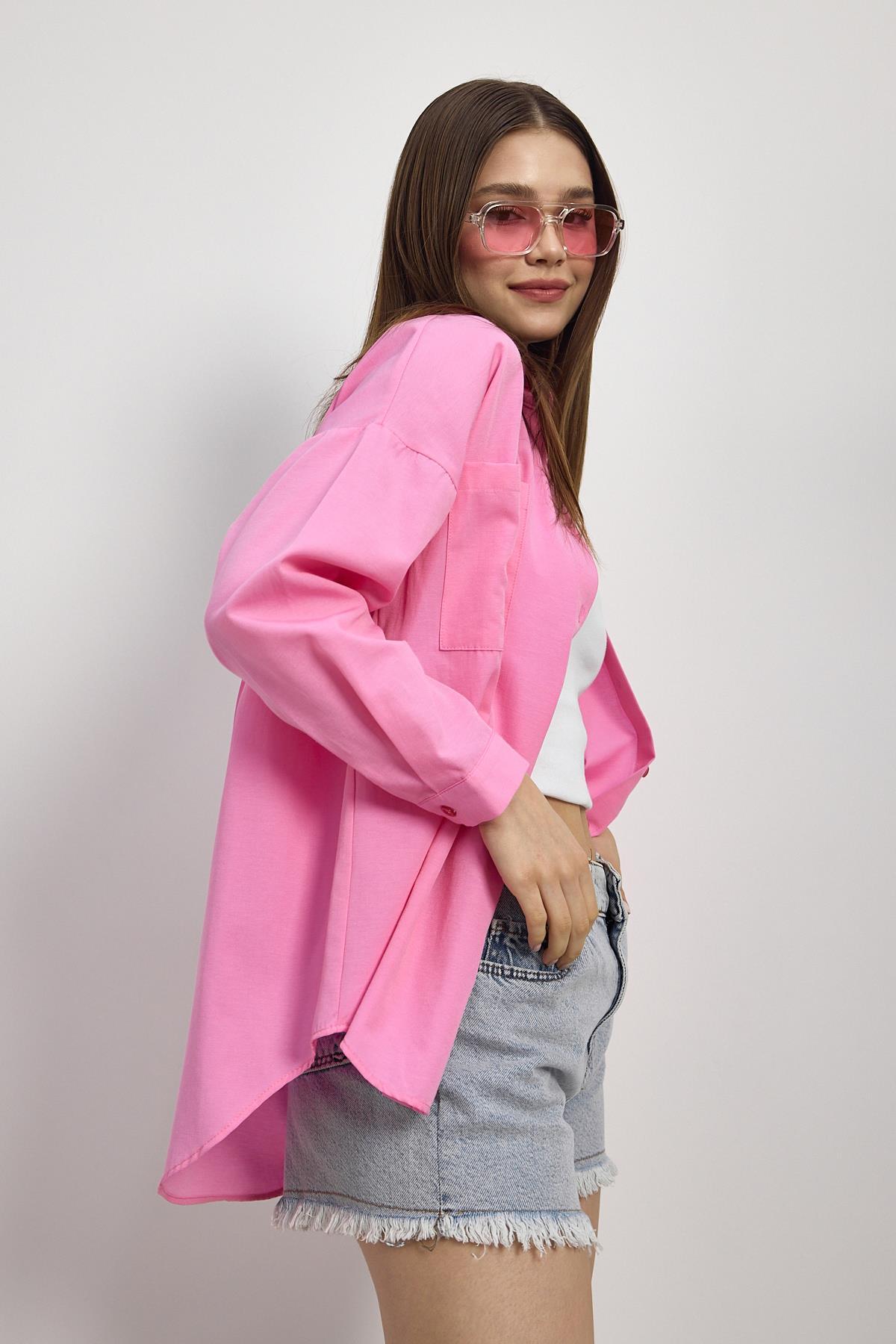 Şeker Pembe Çift Cepli Oversize Uzun Basic Gömlek TCR 6256A - 7