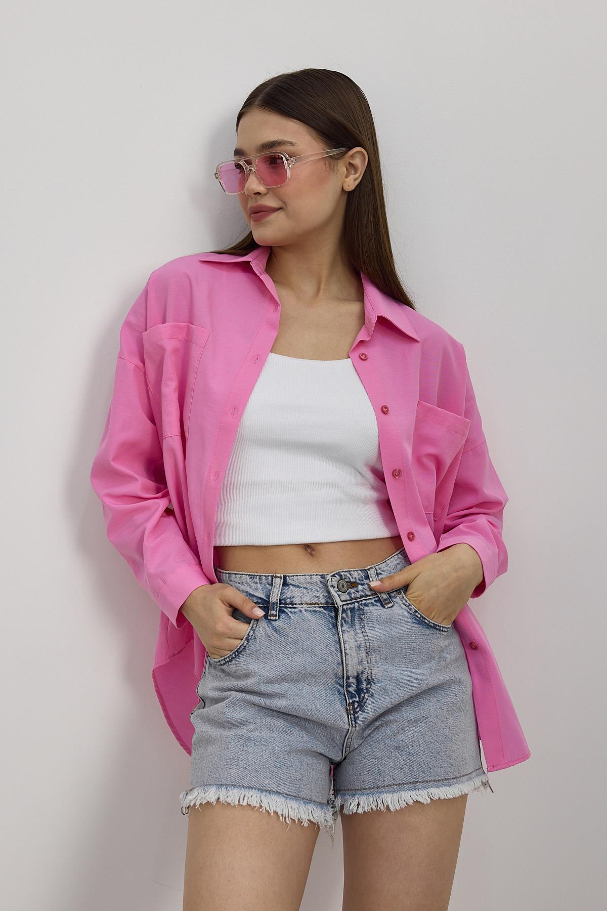 Şeker Pembe Çift Cepli Oversize Uzun Basic Gömlek TCR 6256A - 1