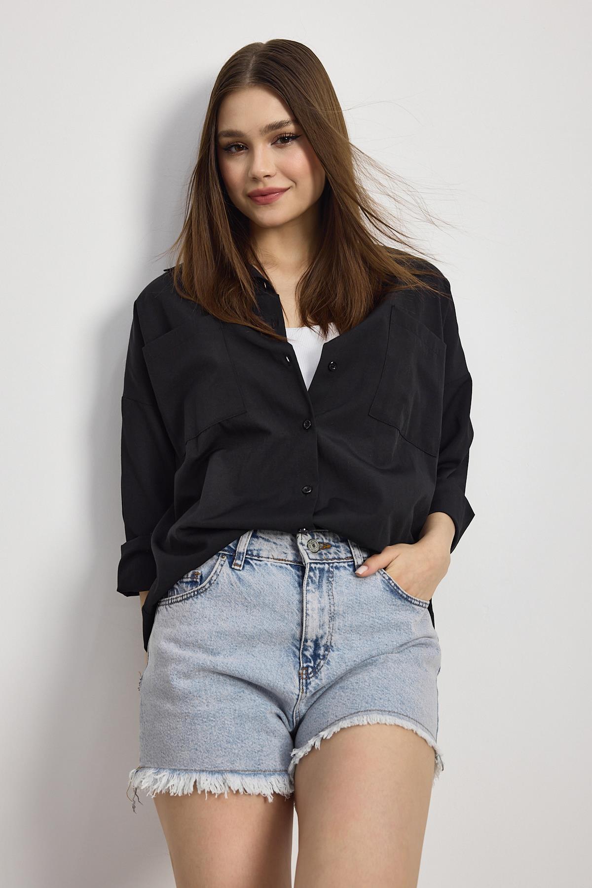 Siyah Çift Cepli Oversize Uzun Basic Gömlek TCR 6256A - 1