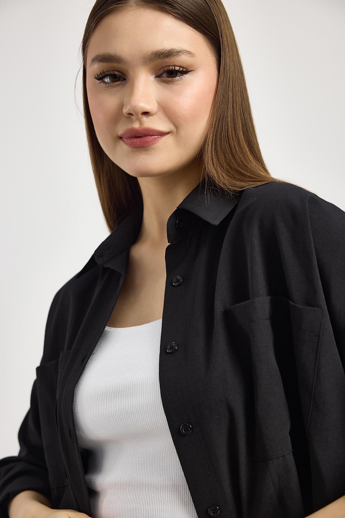 Siyah Çift Cepli Oversize Uzun Basic Gömlek TCR 6256A - 4