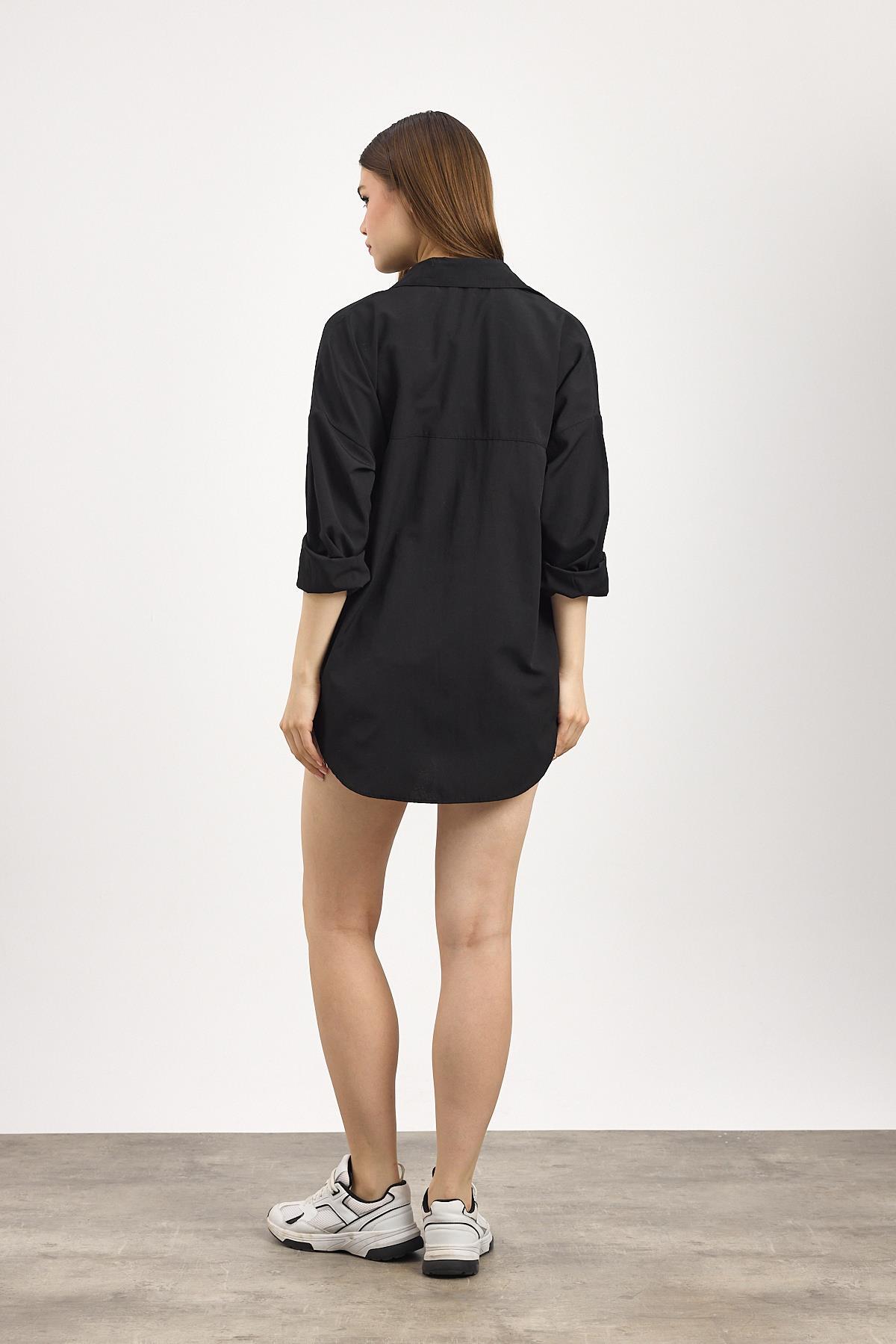 Siyah Çift Cepli Oversize Uzun Basic Gömlek TCR 6256A - 5