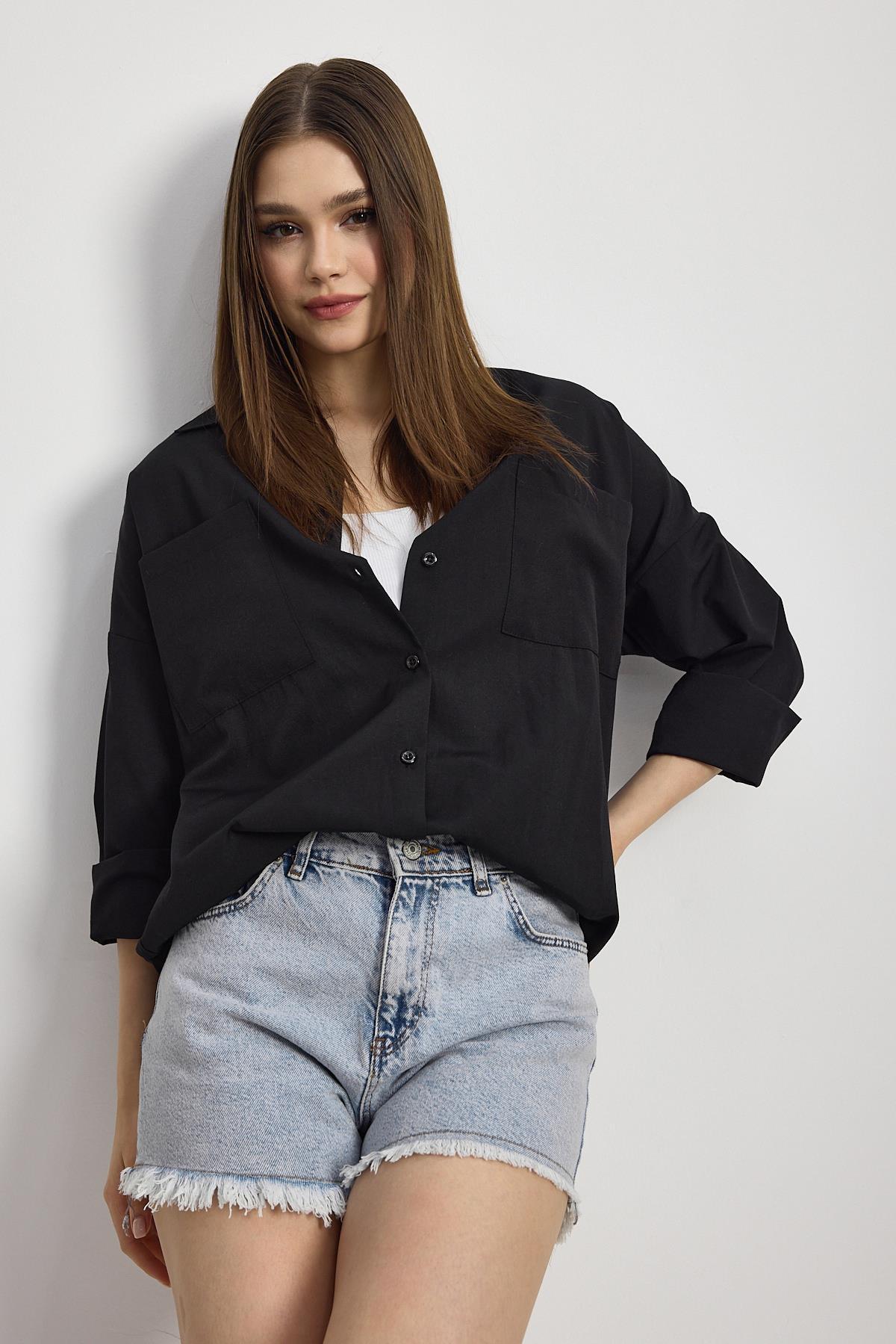 Siyah Çift Cepli Oversize Uzun Basic Gömlek TCR 6256A - 7