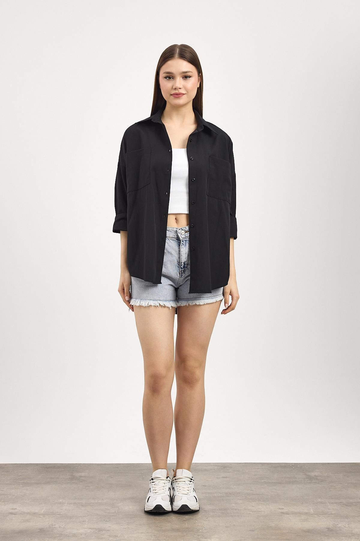 Siyah Çift Cepli Oversize Uzun Basic Gömlek TCR 6256A - 8