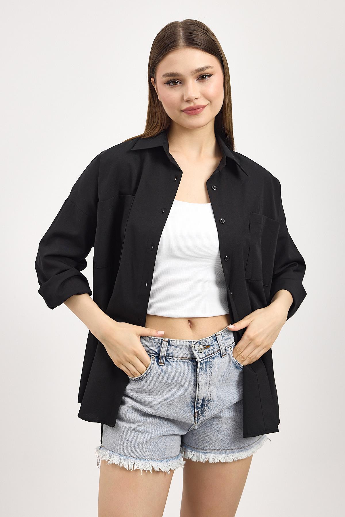 Siyah Çift Cepli Oversize Uzun Basic Gömlek TCR 6256A - 2