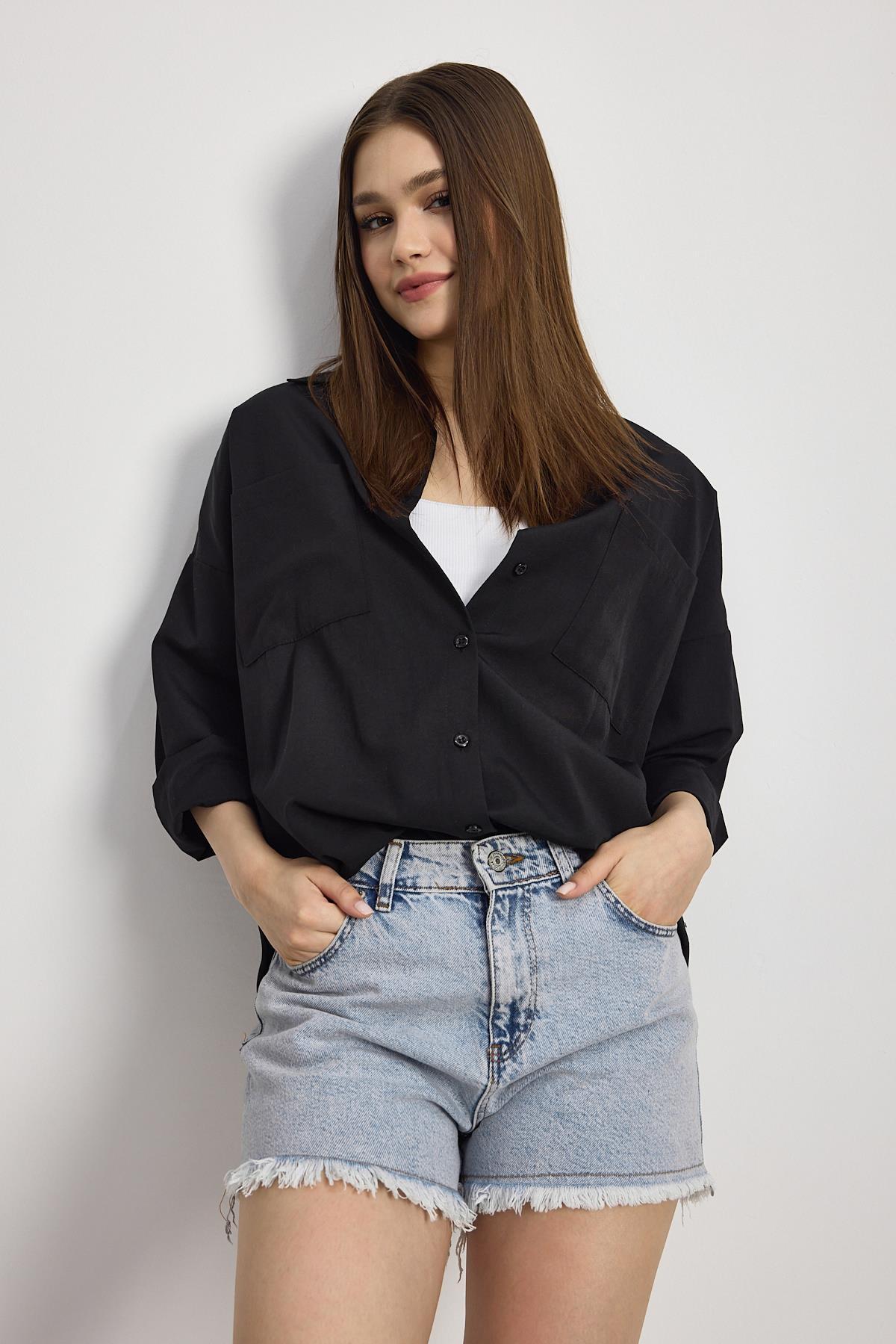 Siyah Çift Cepli Oversize Uzun Basic Gömlek TCR 6256A - 3