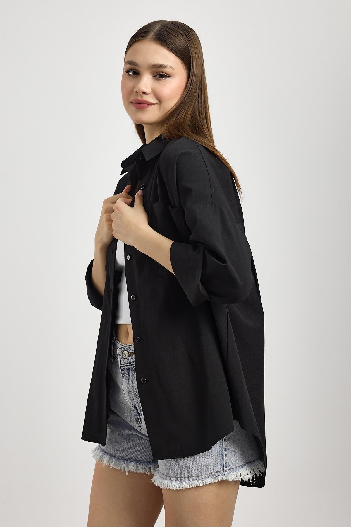 Siyah Çift Cepli Oversize Uzun Basic Gömlek TCR 6256A - 6