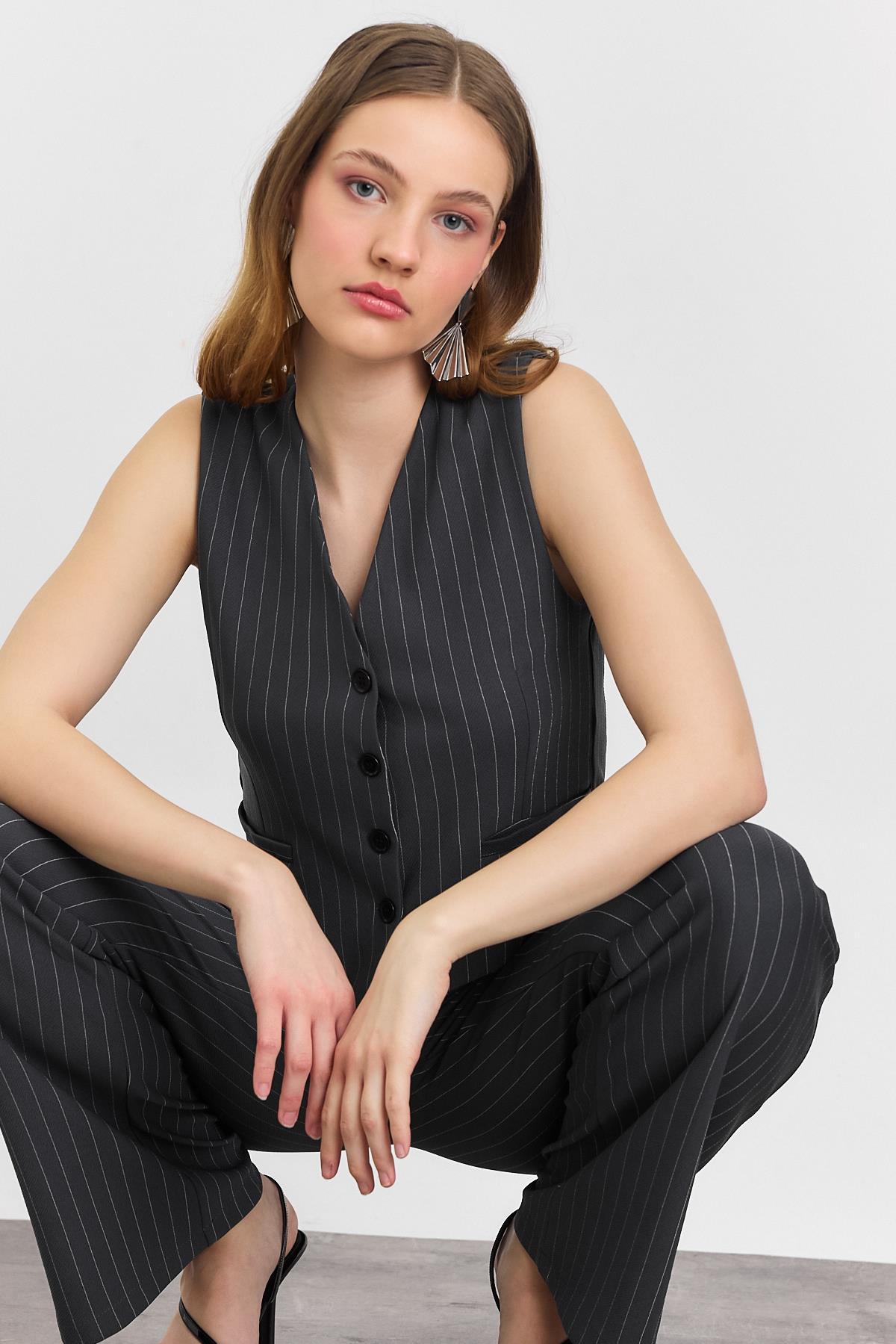Önü Düğmeli Çizgili Yelek Pantolon Takım - 6622A Antrasit - 1