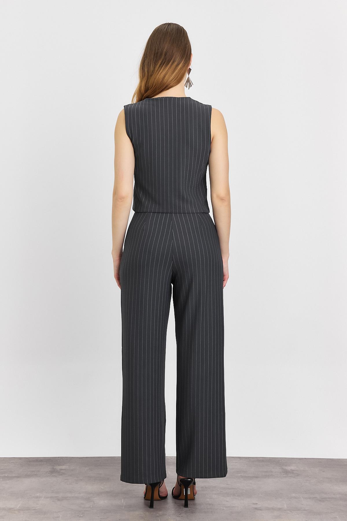 Önü Düğmeli Çizgili Yelek Pantolon Takım - 6622A Antrasit - 5