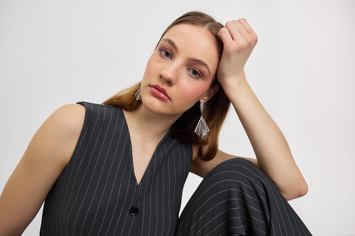 Önü Düğmeli Çizgili Yelek Pantolon Takım - 6622A Antrasit - 6