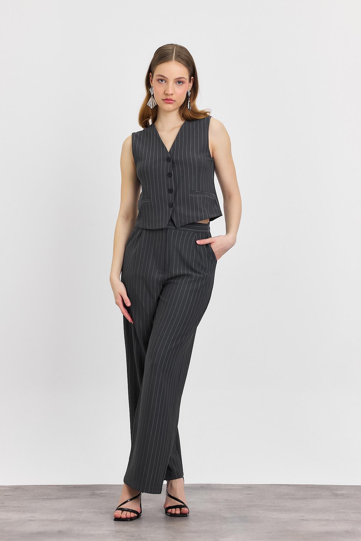 Önü Düğmeli Çizgili Yelek Pantolon Takım - 6622A Antrasit - 2