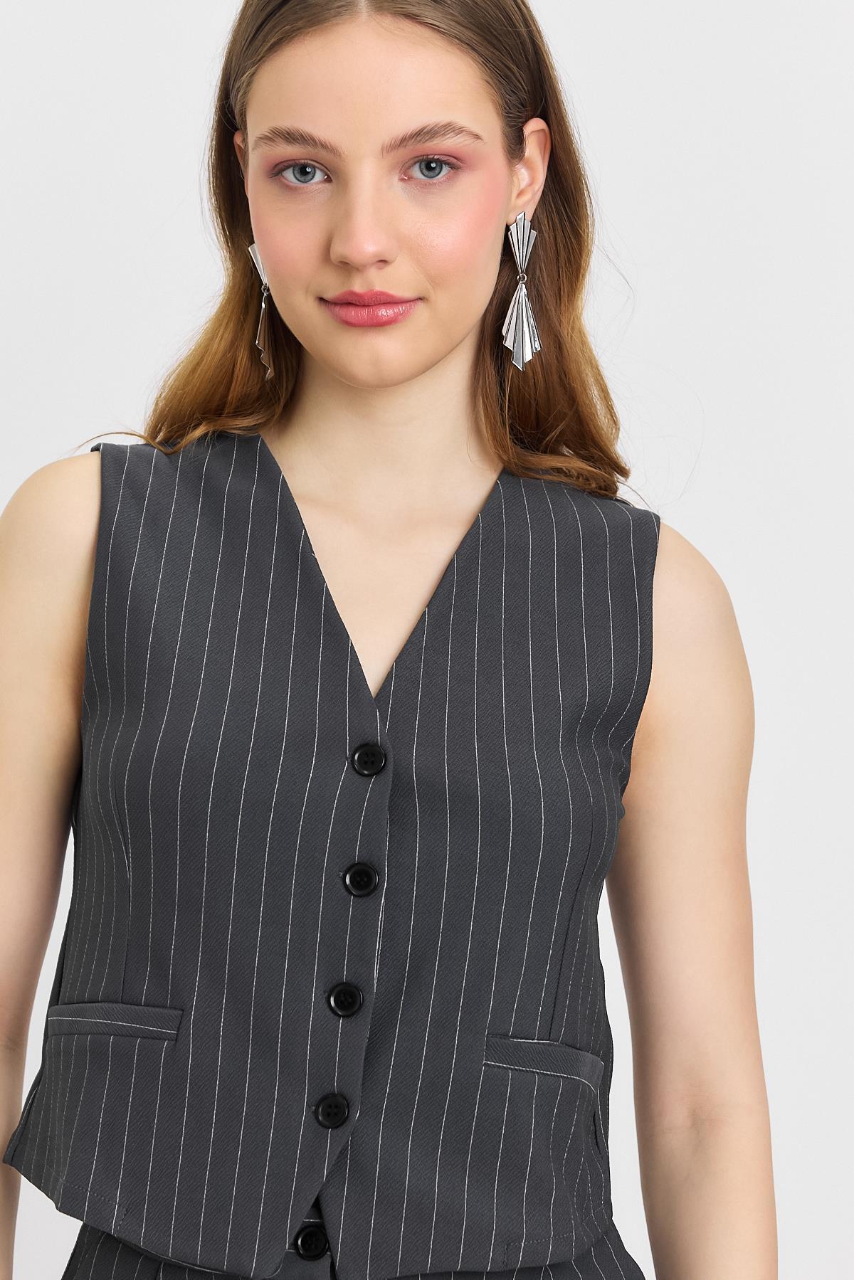 Önü Düğmeli Çizgili Yelek Pantolon Takım - 6622A Antrasit - 4