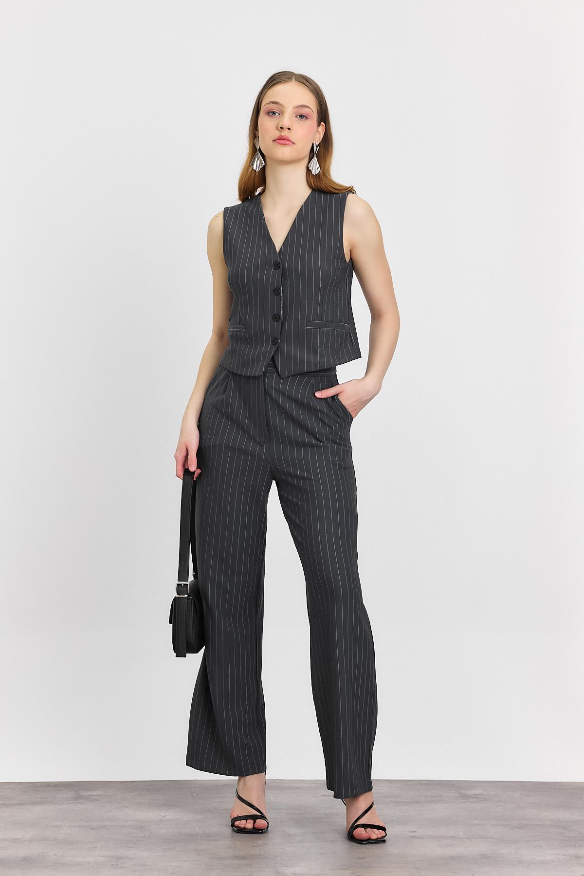 Önü Düğmeli Çizgili Yelek Pantolon Takım - 6622A Antrasit - 7
