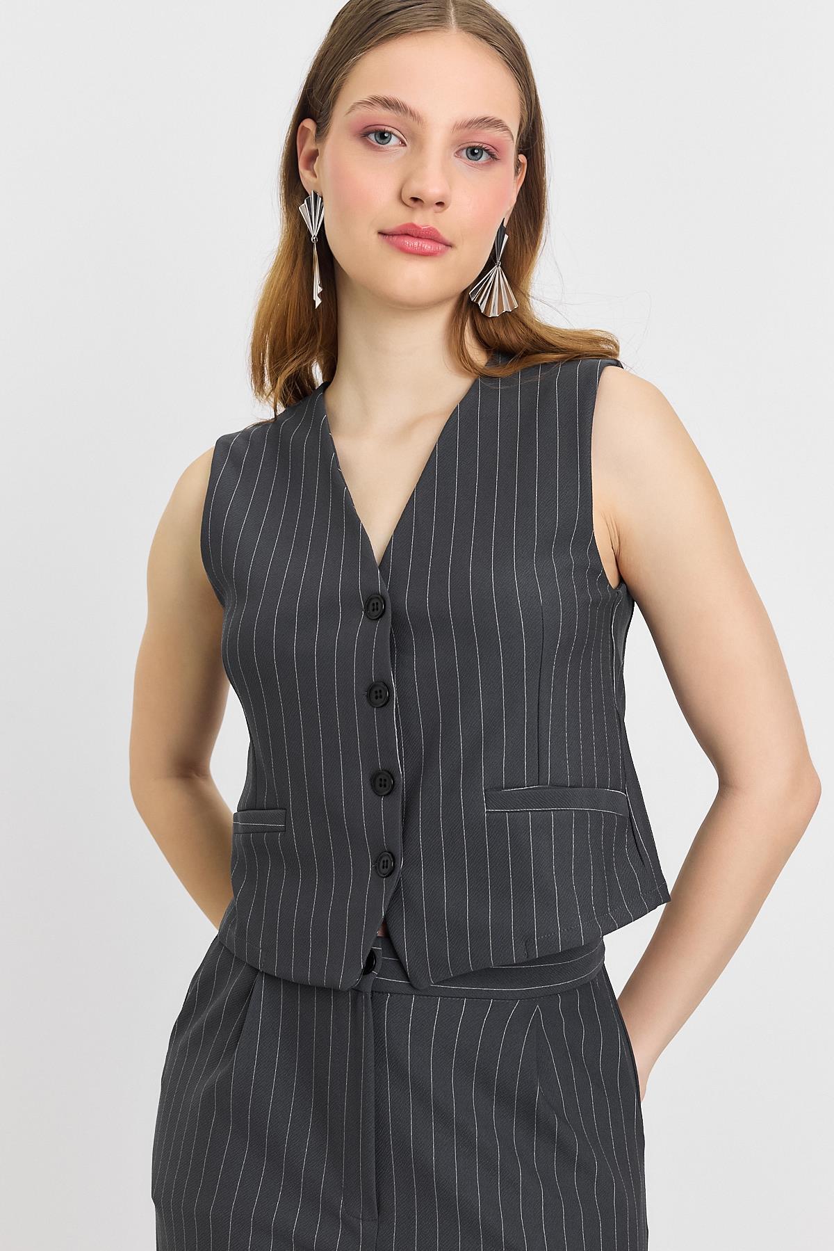 Önü Düğmeli Çizgili Yelek Pantolon Takım - 6622A Antrasit - 8