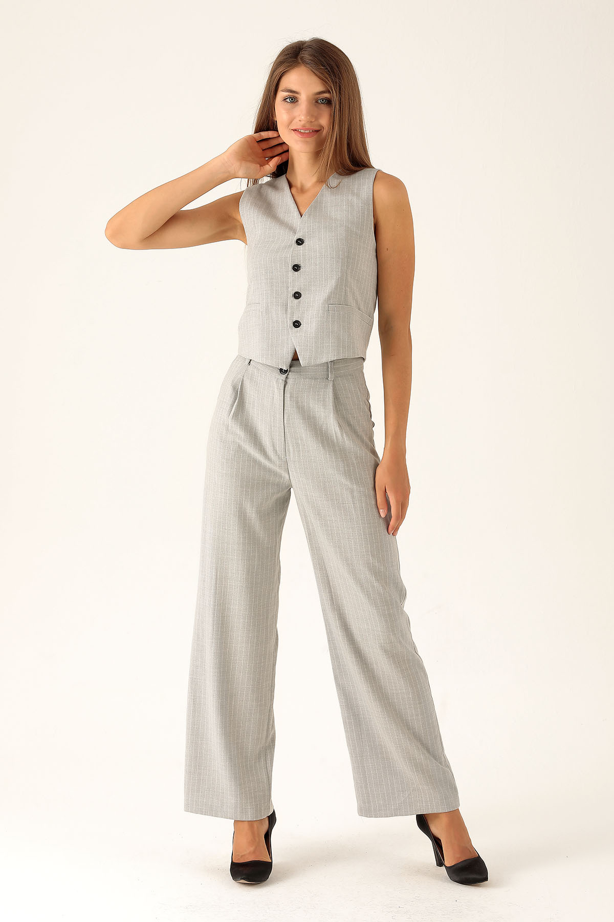 Önü Düğmeli Çizgili Yelek Pantolon Takım - 6622A Gri - 2