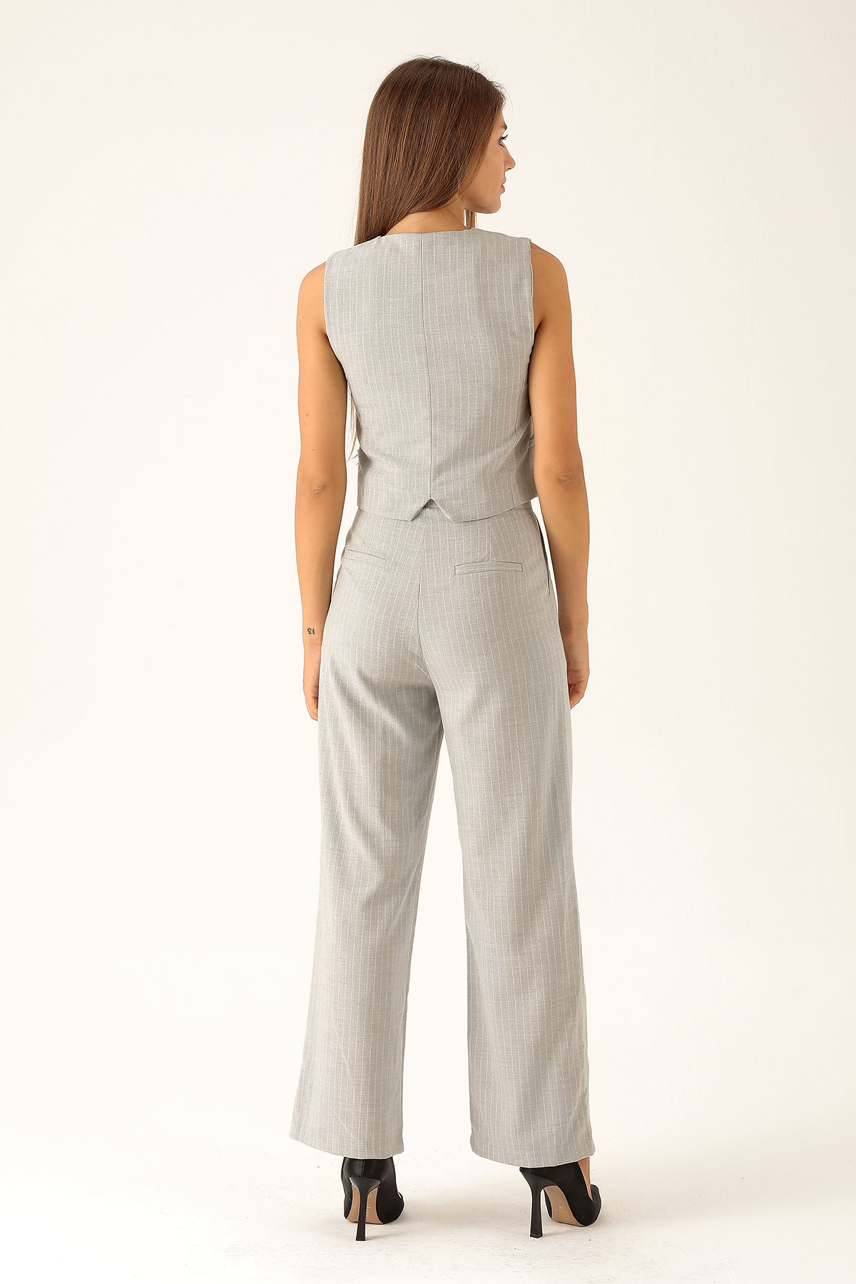 Önü Düğmeli Çizgili Yelek Pantolon Takım - 6622A Gri - 5