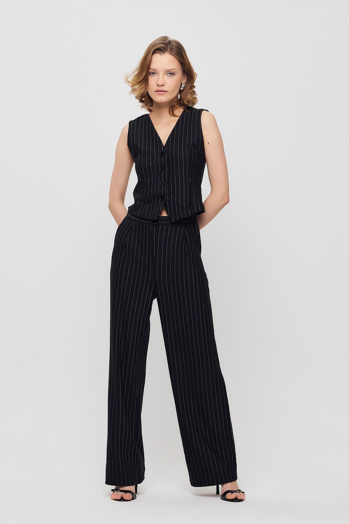 Önü Düğmeli Çizgili Yelek Pantolon Takım - 6622A Siyah - 2