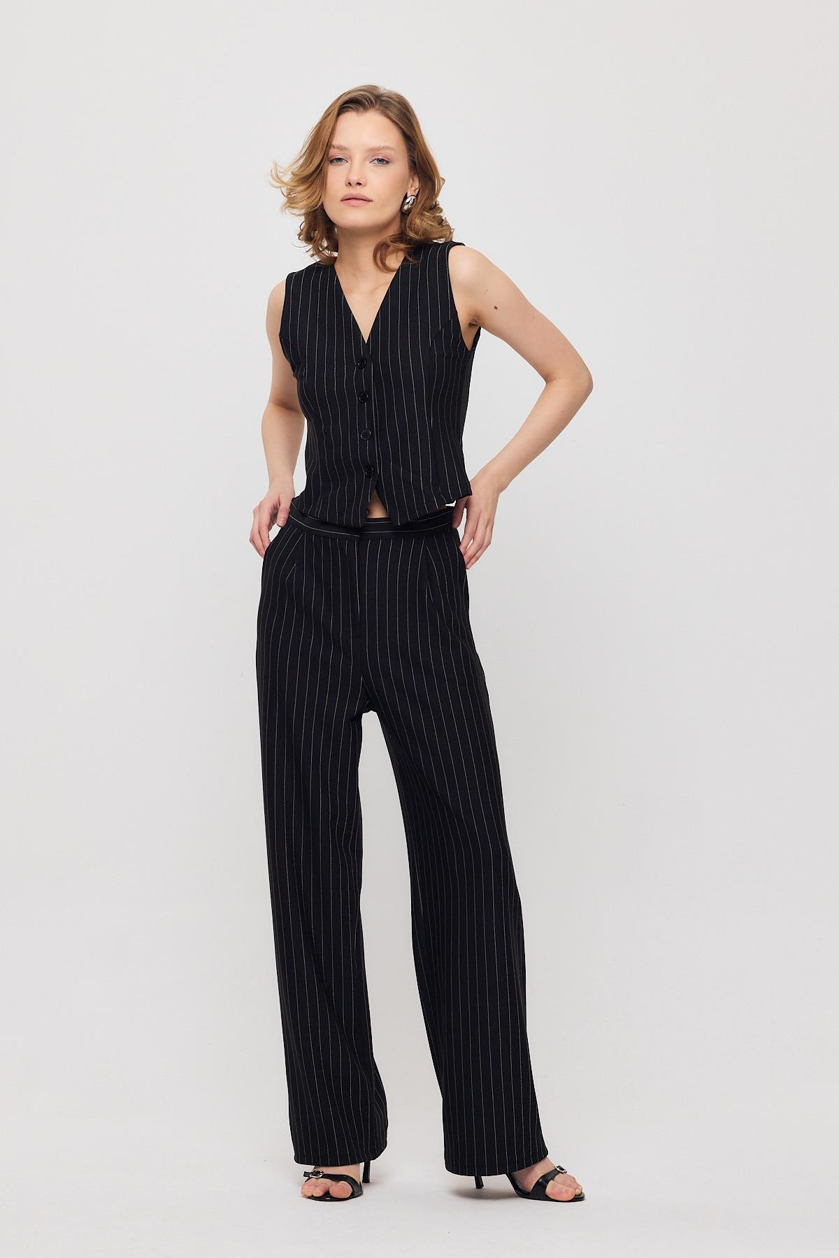 Önü Düğmeli Çizgili Yelek Pantolon Takım - 6622A Siyah - 7