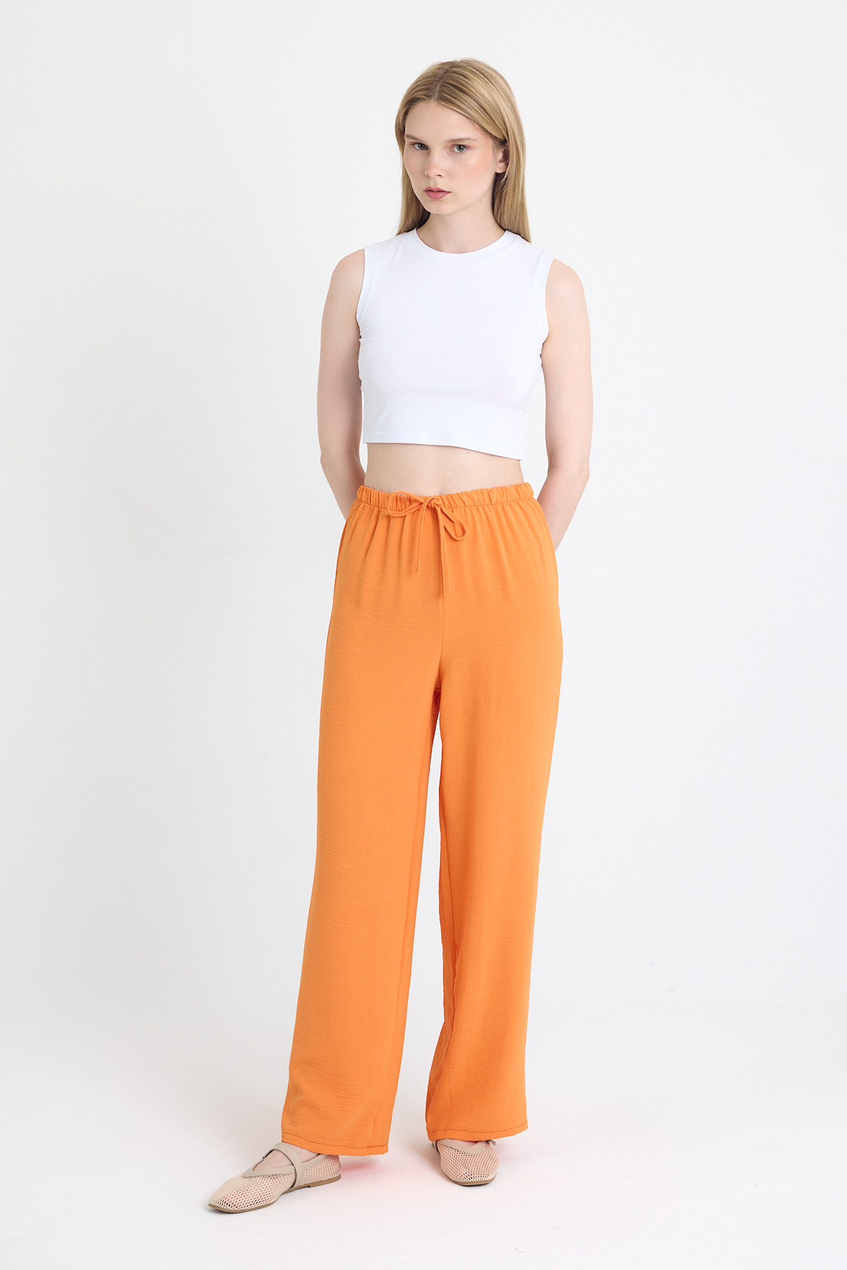 Orange Beli Lastikli Bol Paça Dokuma Pantolon 4284-1 - 1