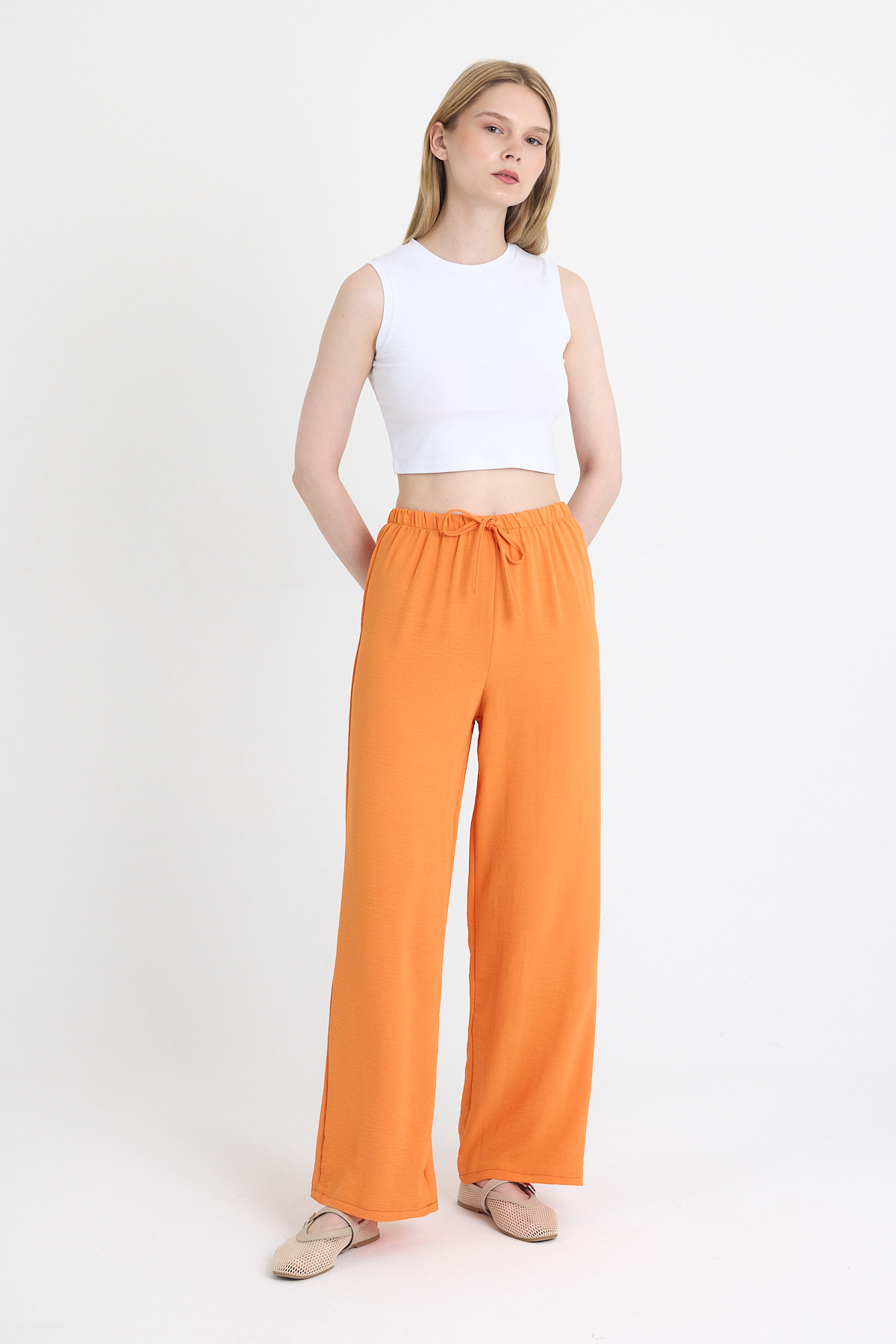 Orange Beli Lastikli Bol Paça Dokuma Pantolon 4284-1 - 2