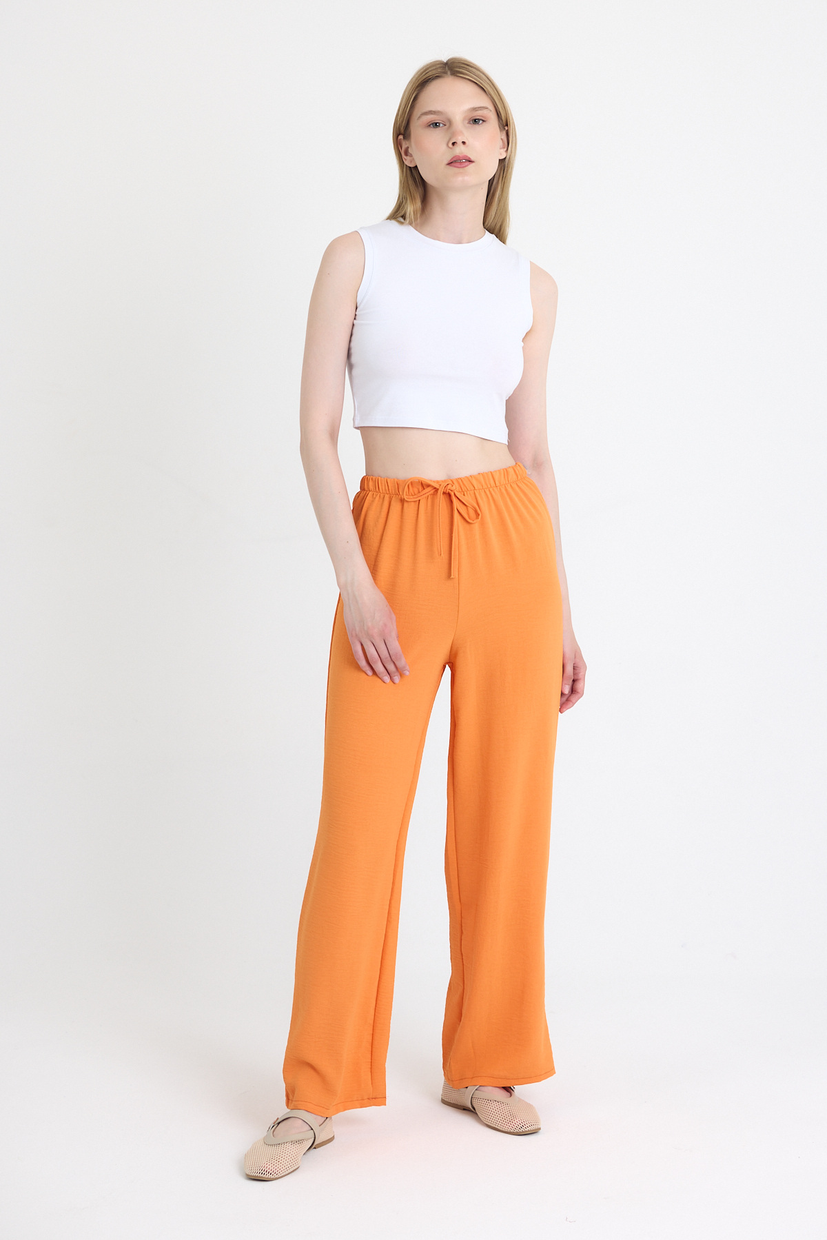 Orange Beli Lastikli Bol Paça Dokuma Pantolon 4284-1 - 3