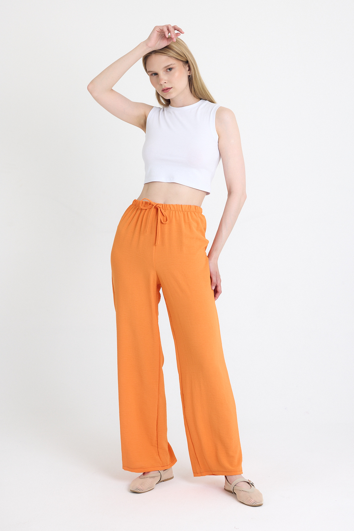 Orange Beli Lastikli Bol Paça Dokuma Pantolon 4284-1 - 6