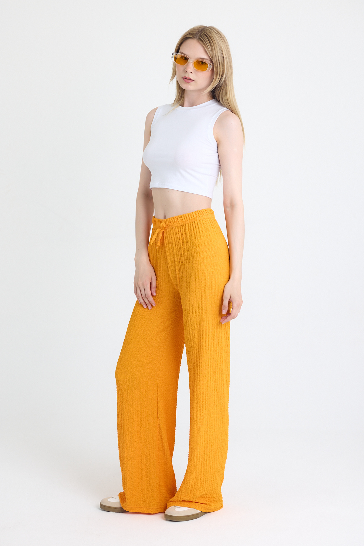 Orange Geniş Paça Dökümlü Bürümcük Kumaş Pantolon 326 - 3