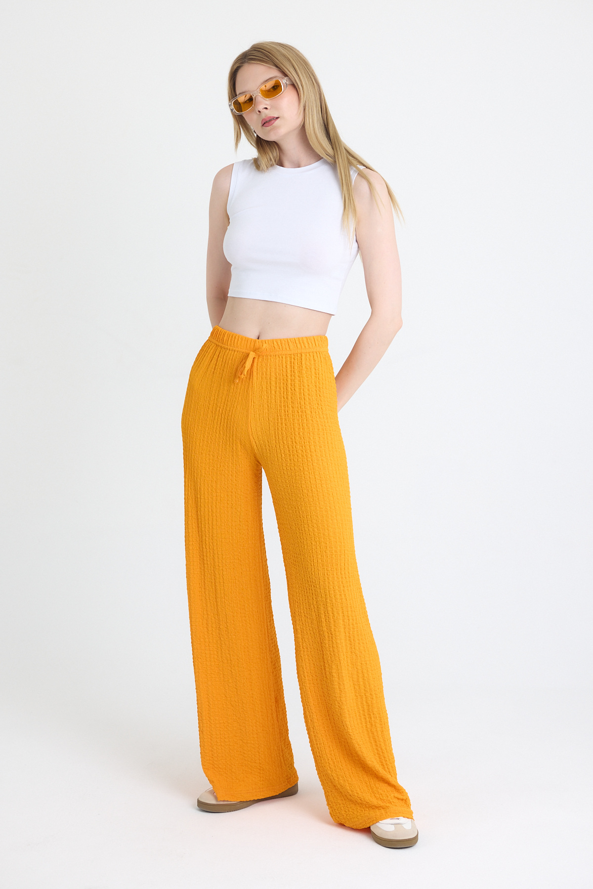 Orange Geniş Paça Dökümlü Bürümcük Kumaş Pantolon 326 - 2