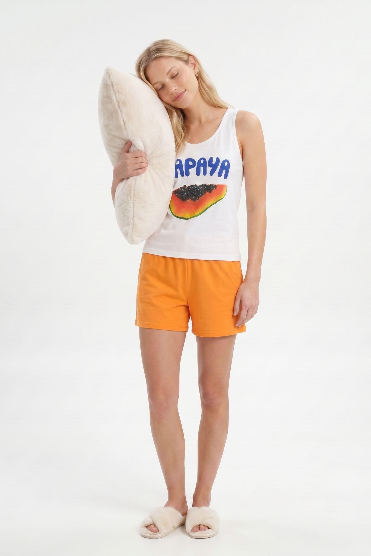 Şortlu Pijama Takımı Papaya Desenli 0417 Orange - 3