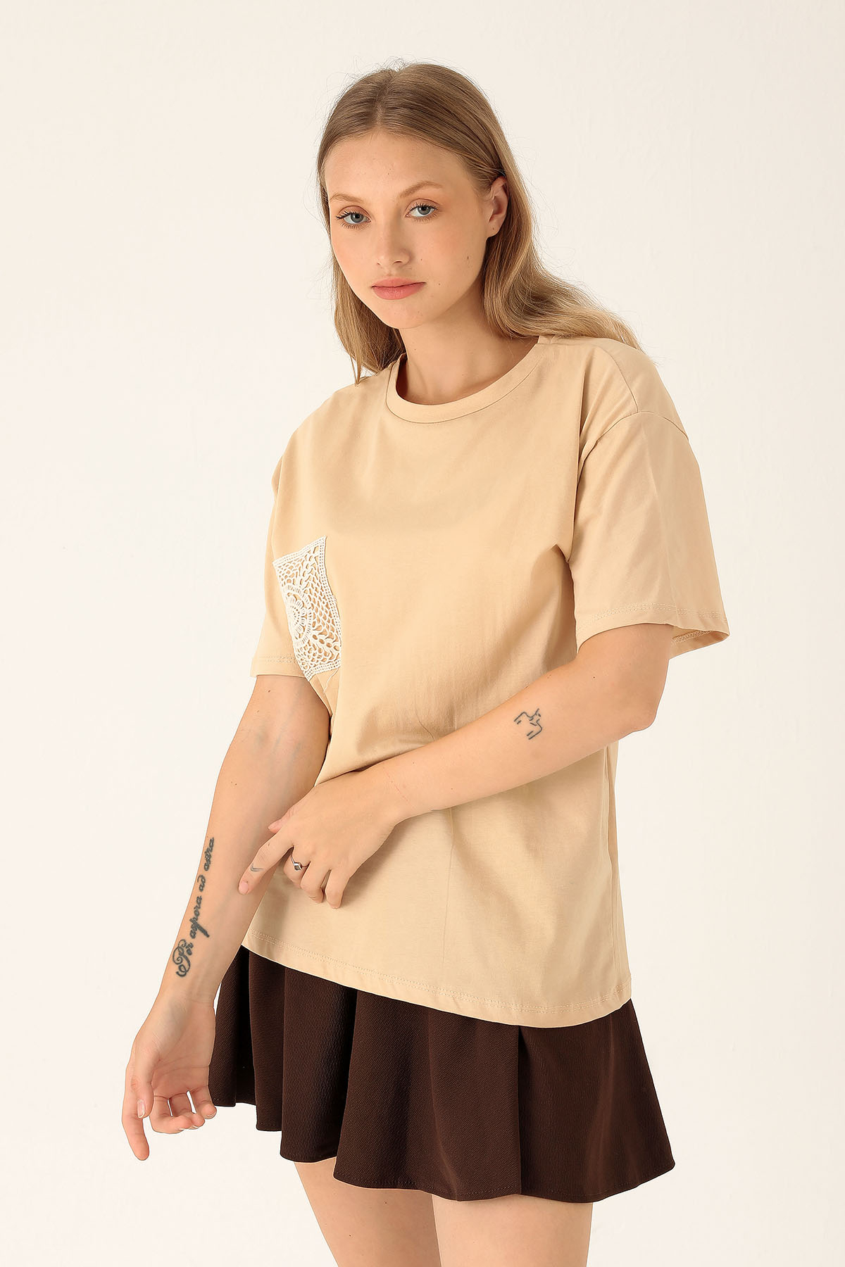 Örgü Cep Tişört - 9427 Bej 