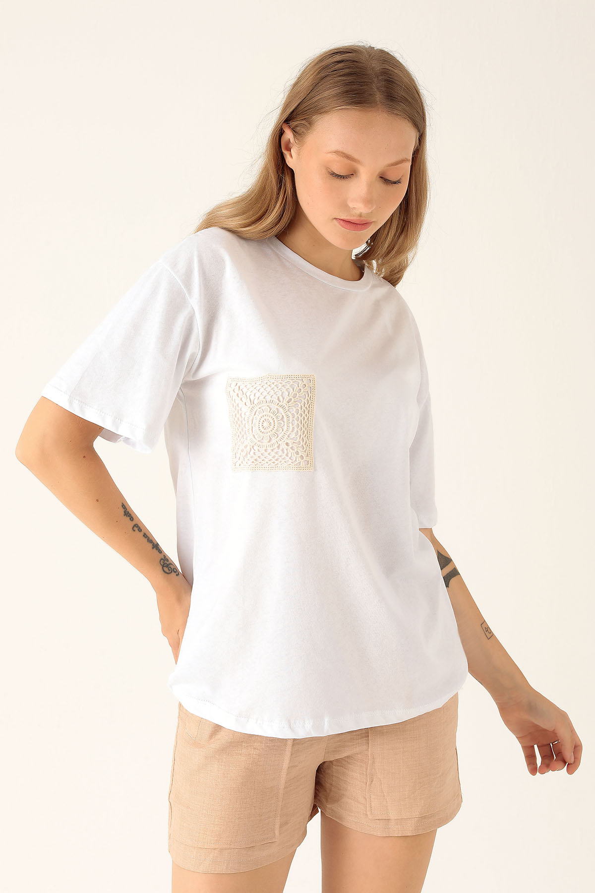 Örgü Cep Tişört - 9427 Beyaz 