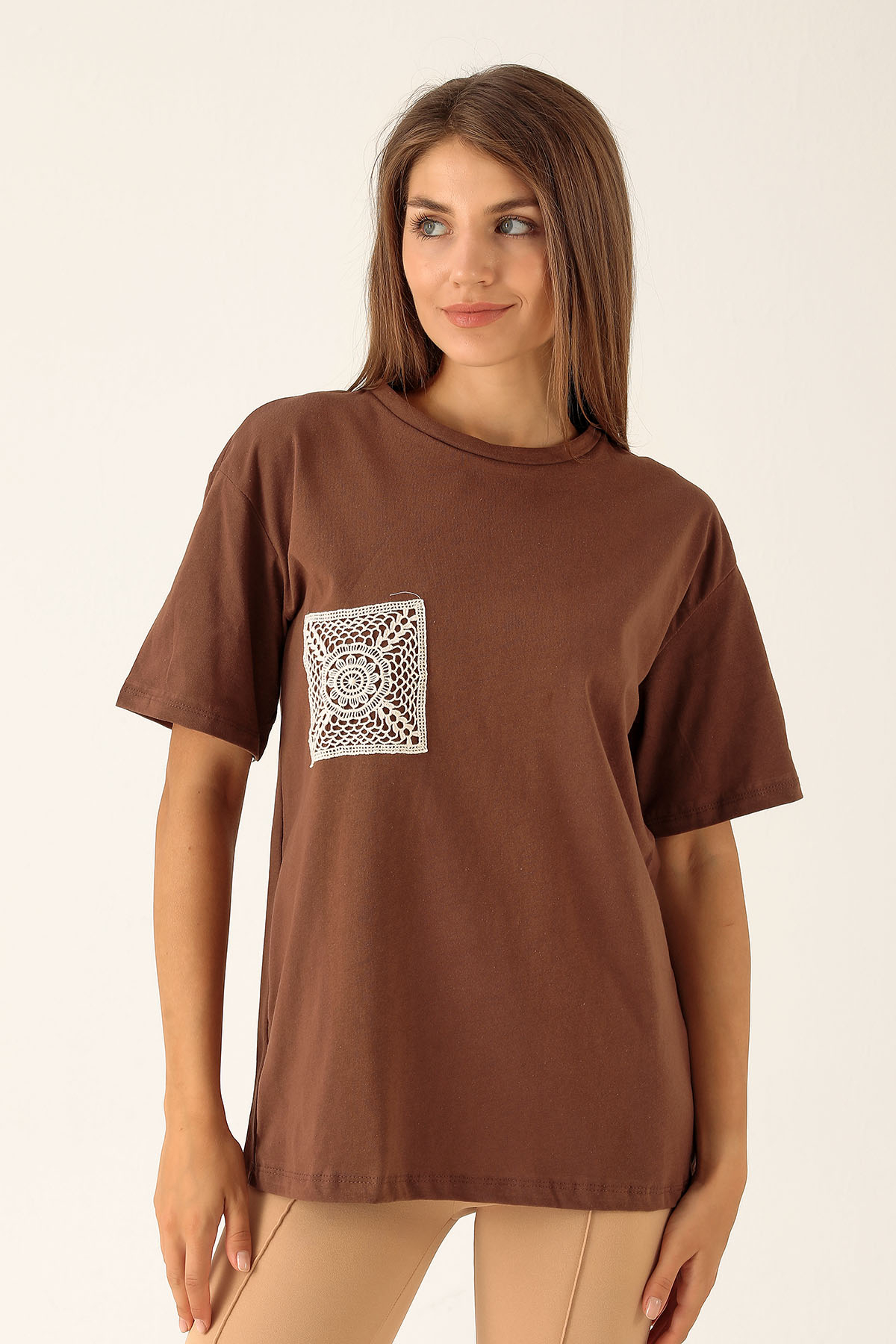 Örgü Cep Tişört - 9427 Kahve 
