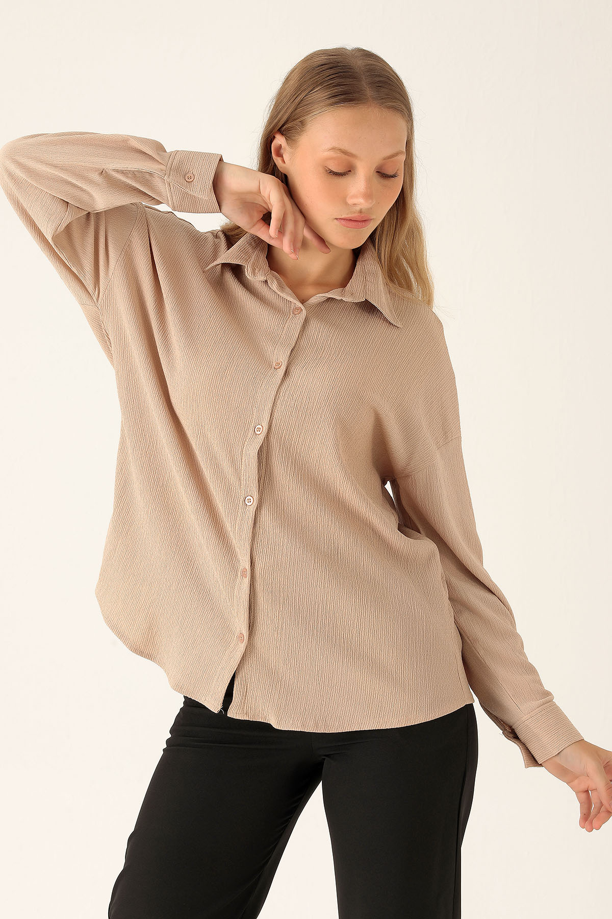 Oversize Bayan Gömlek - 6624A Bej - 2