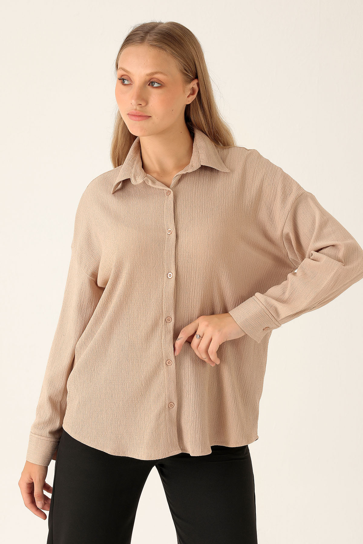 Oversize Bayan Gömlek - 6624A Bej - 3
