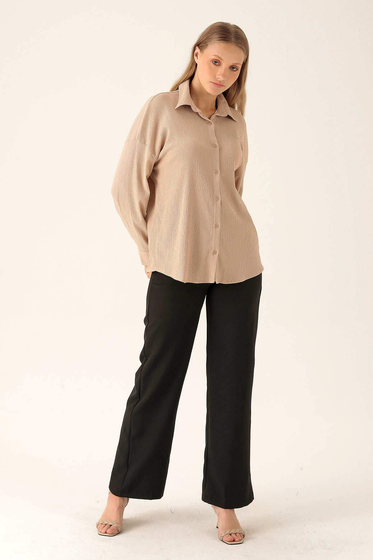 Oversize Bayan Gömlek - 6624A Bej - 4