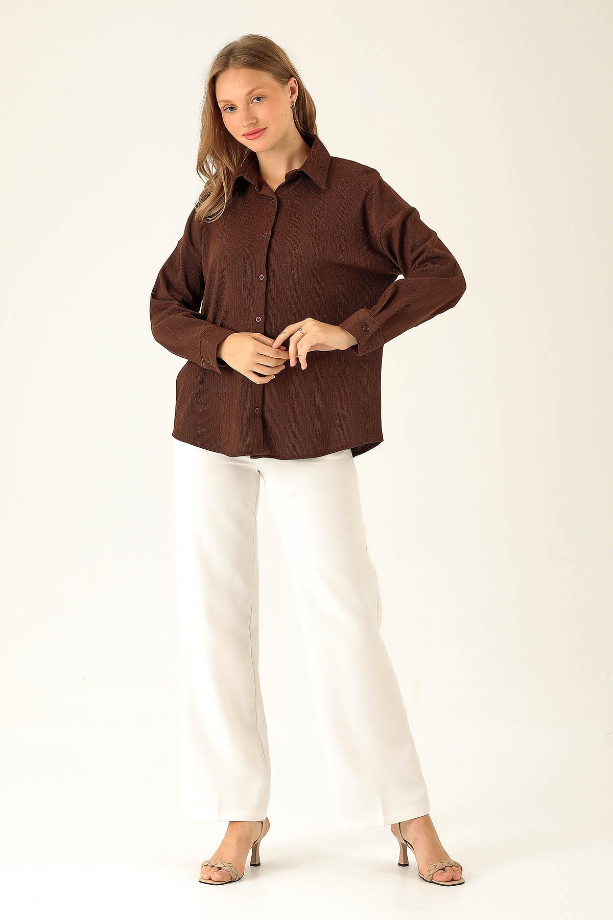Oversize Bayan Gömlek - 6624A Kahve - 3