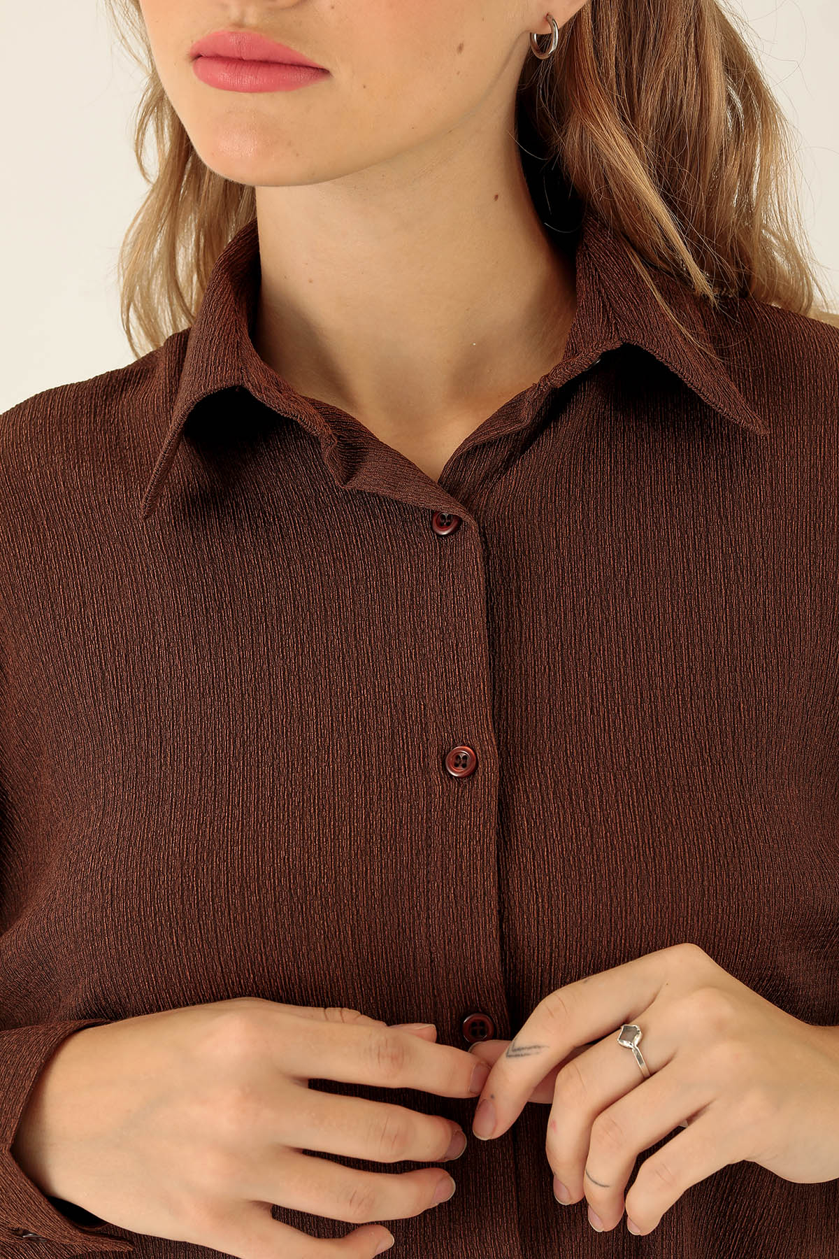 Oversize Bayan Gömlek - 6624A Kahve - 6
