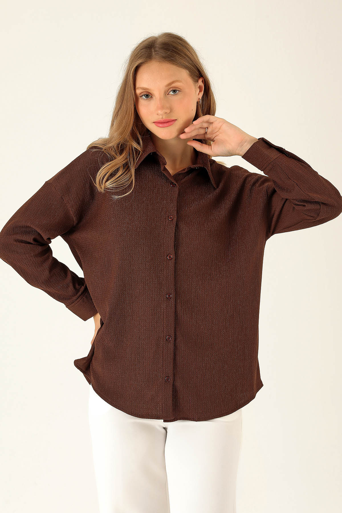 Oversize Bayan Gömlek - 6624A Kahve - 2