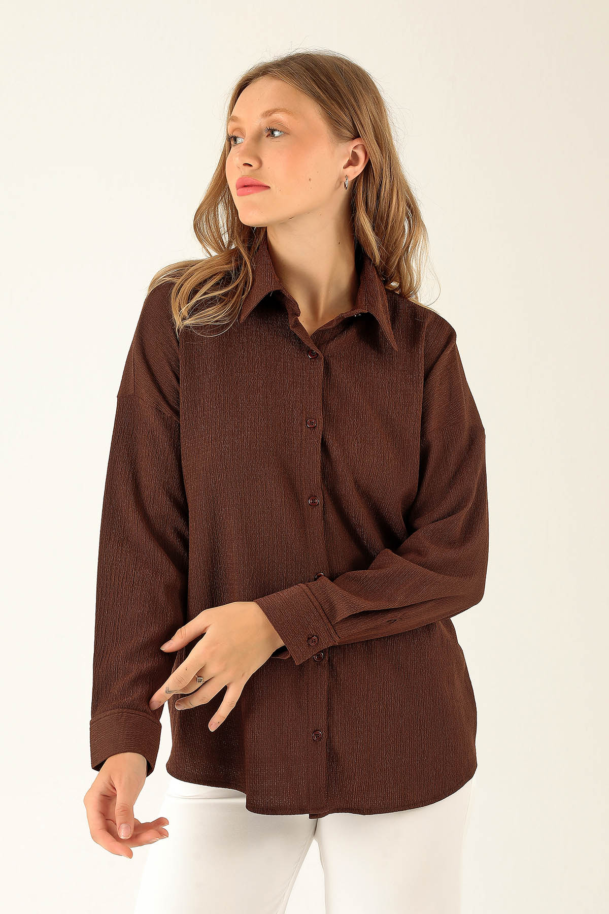 Oversize Bayan Gömlek - 6624A Kahve 