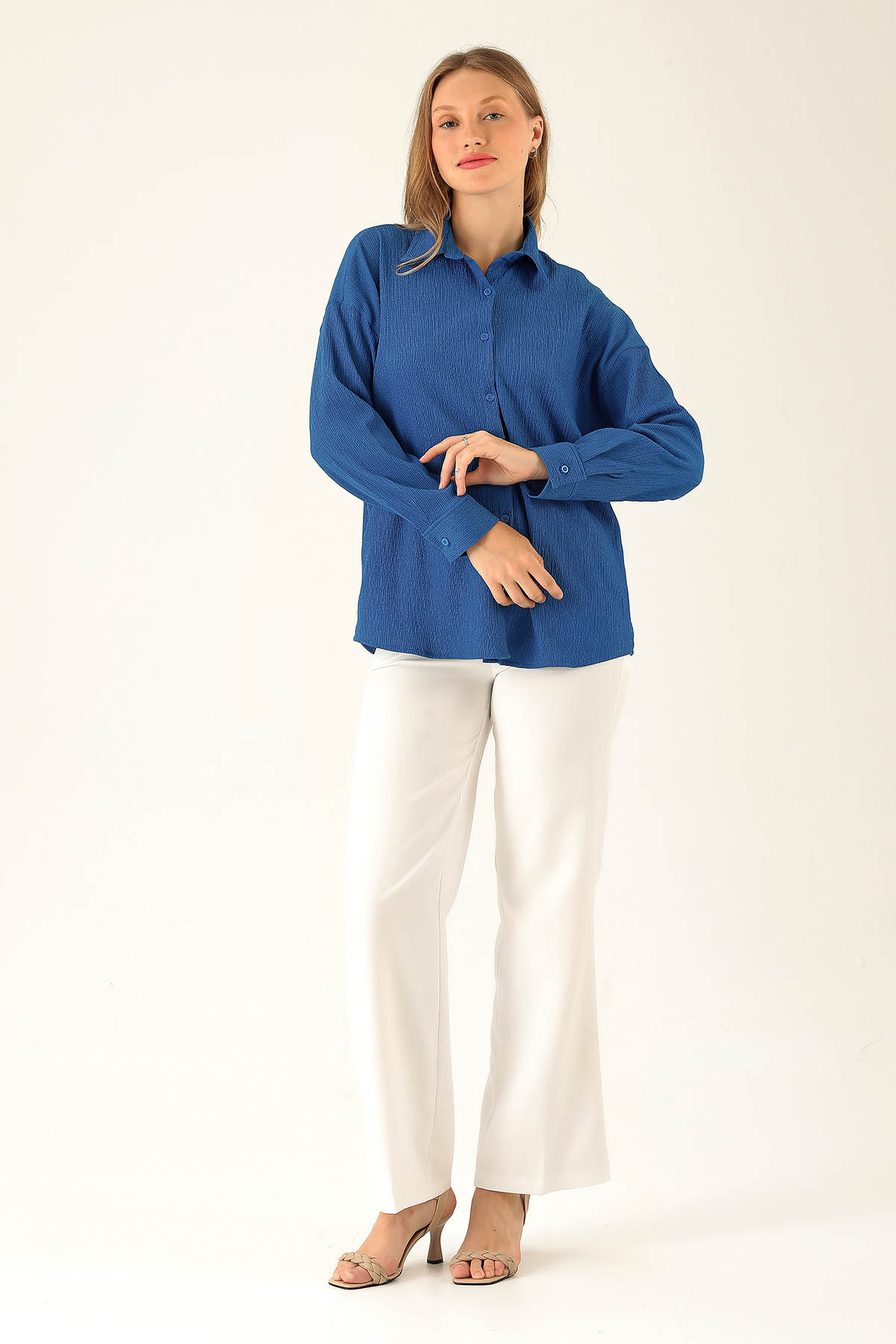 Oversize Bayan Gömlek - 6624A Saks - 4