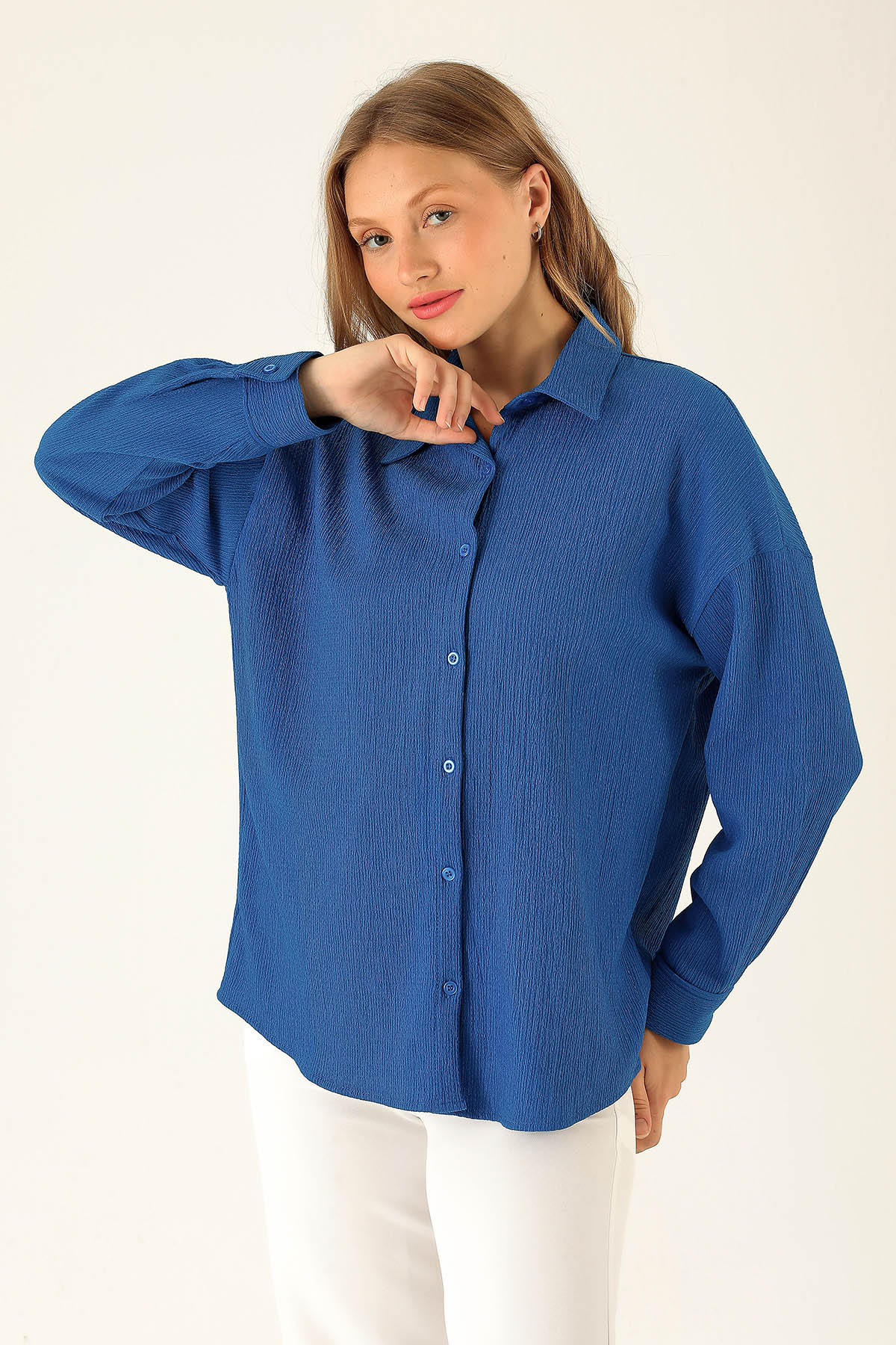 Oversize Bayan Gömlek - 6624A Saks - 1