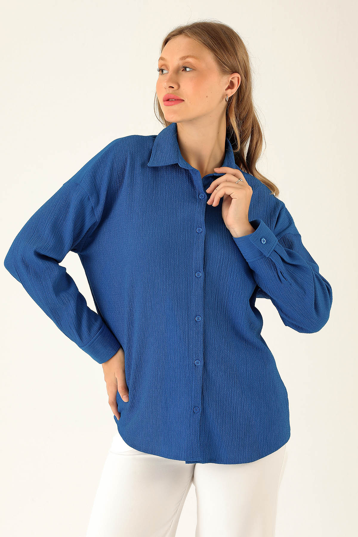 Oversize Bayan Gömlek - 6624A Saks - 2