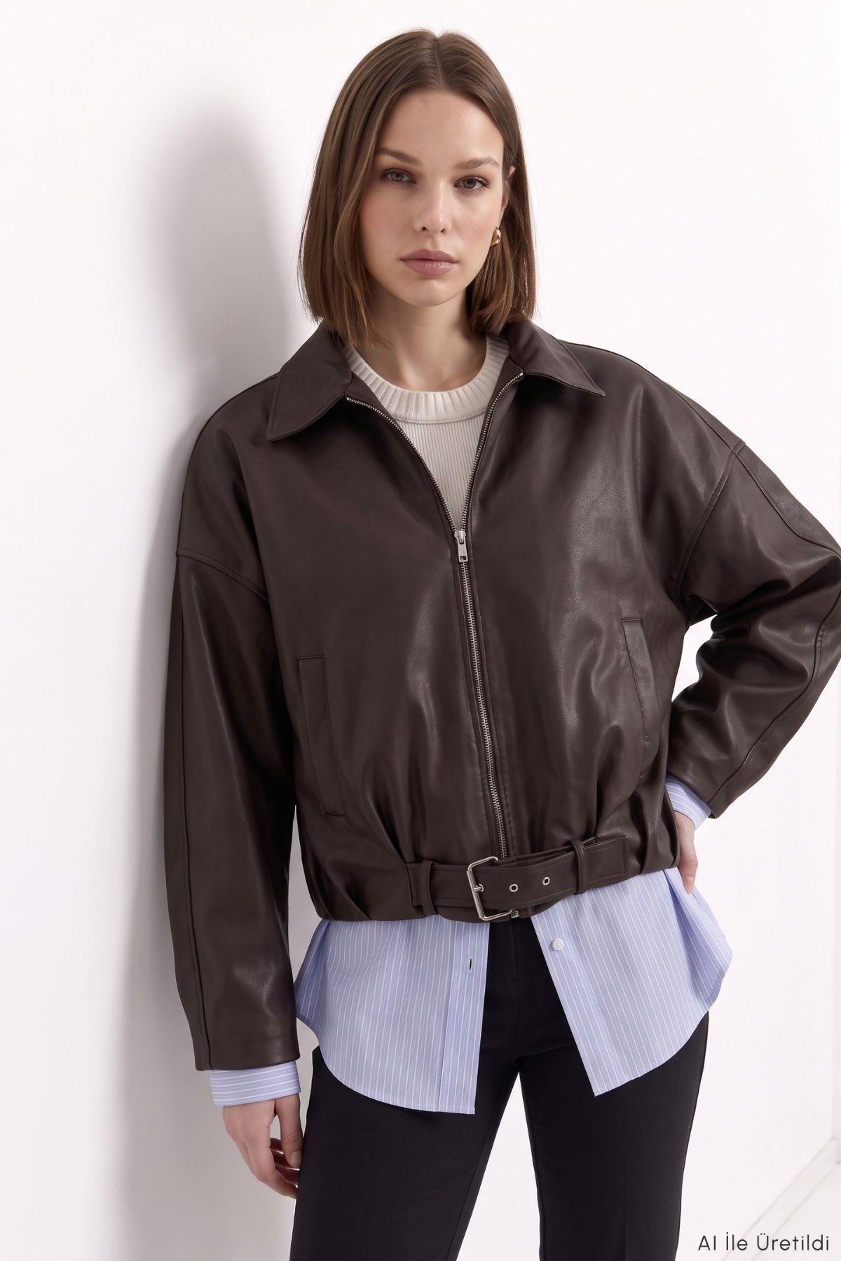 Oversize Deri Ceket 3137 Kahve - 2